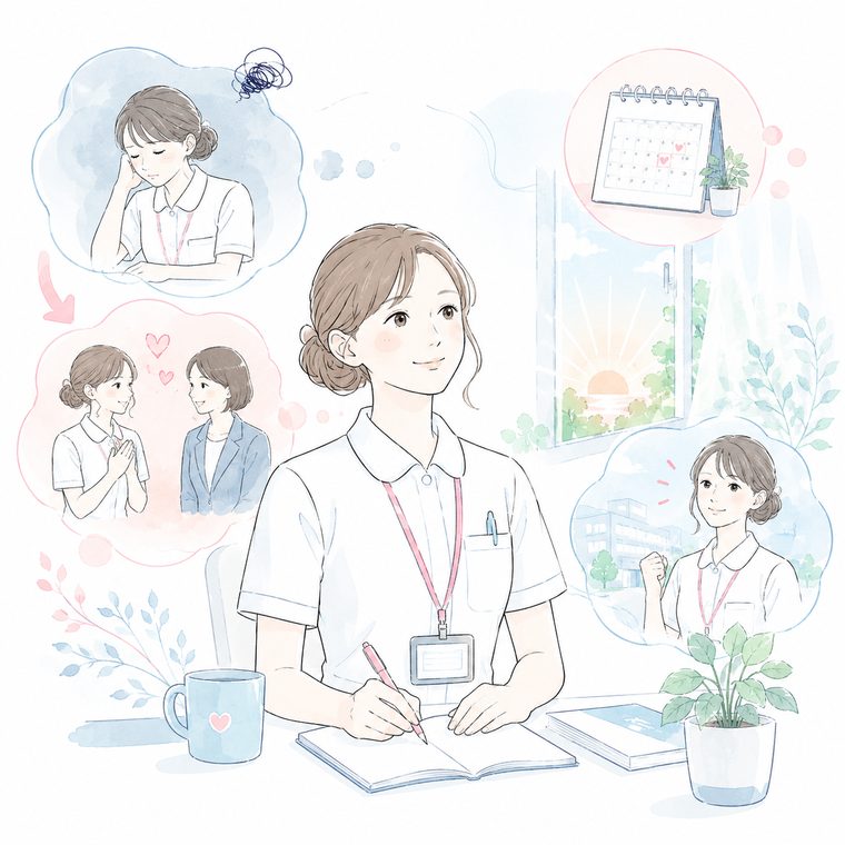 メンタル不調から回復していく看護師のイラスト