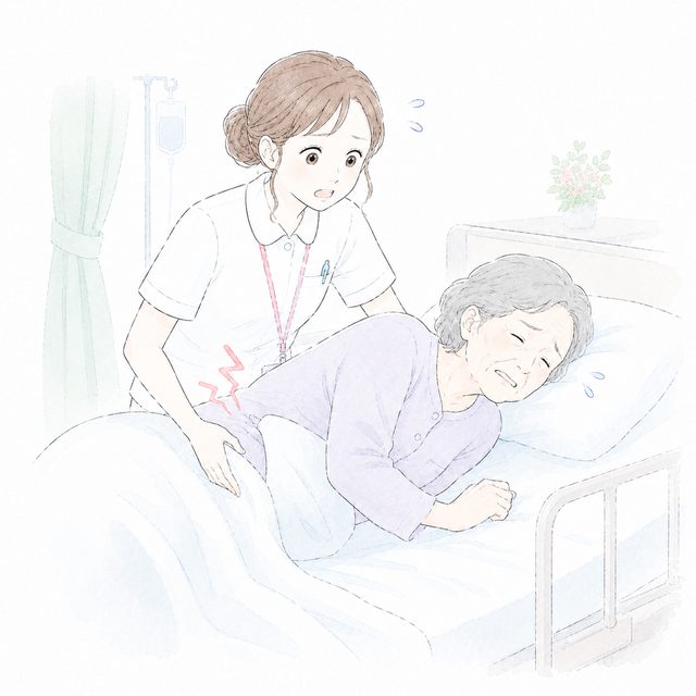 ベッドで苦しむ患者に驚く看護師のイラスト