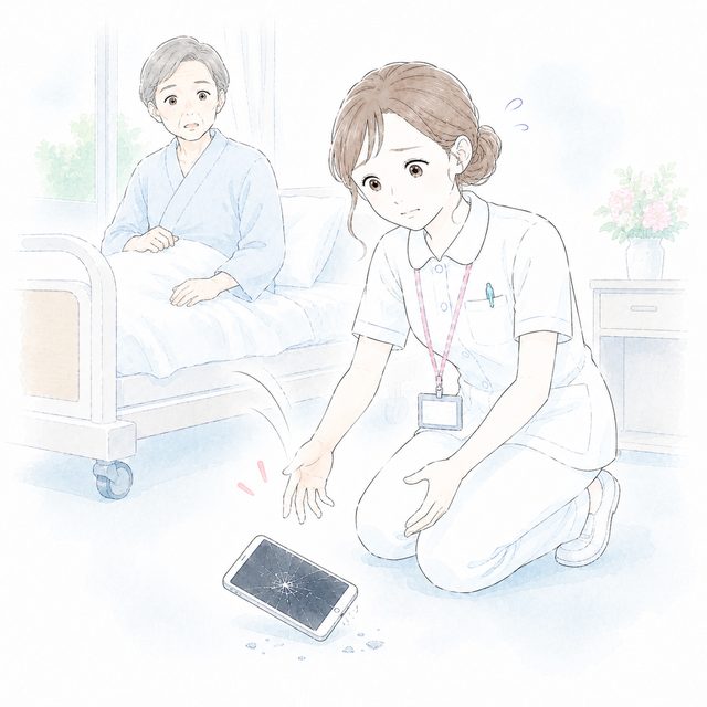 落として画面が割れたスマホと看護師のイラスト